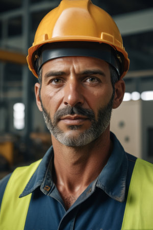 Factory workers wearing hard hats Close upの素材