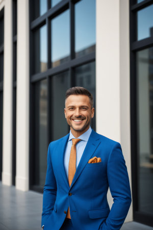 Men's outdoor smile in blue suitの素材