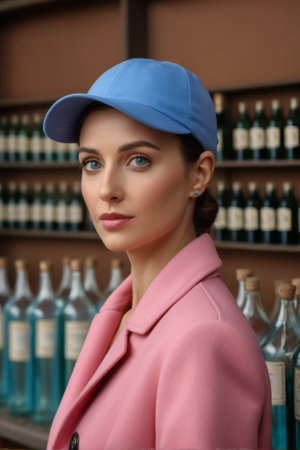 Portrait of a woman wearing a blue hat and a pink coatの素材