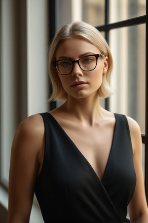 Portrait of a blonde woman with glasses by the windowの素材