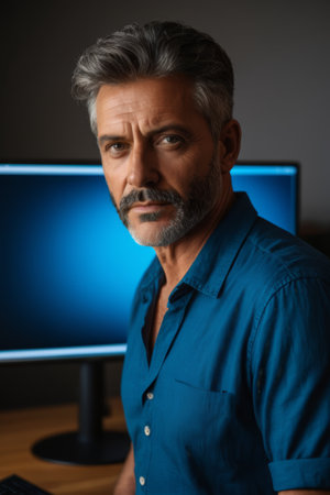 Man in blue shirt in front of computerの素材