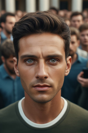 Close up of the man and the crowd behind himの素材