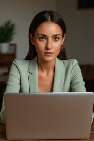 Woman in suit using laptopの素材