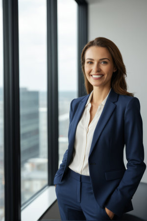 Smiling businesswoman takes a photo by her office windowの素材