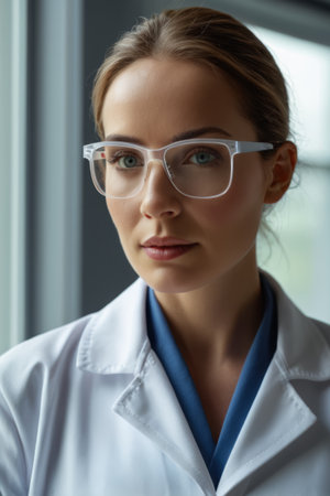 Close up of a woman in a white coat and glassesの素材