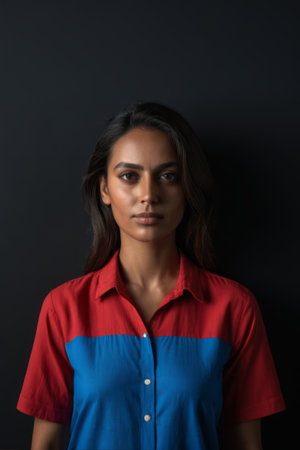 Portrait of a woman in a red and blue patchwork shirtの素材