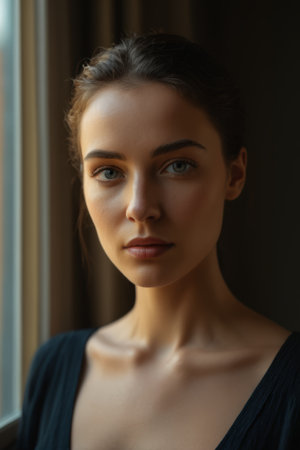 Close up portrait of a woman by the windowの素材