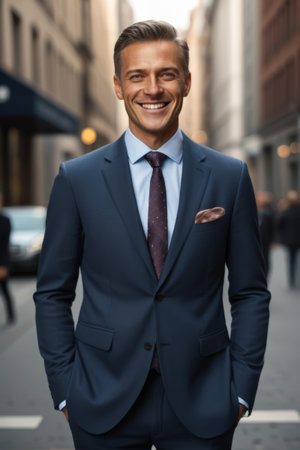 Smiling men in suits on the streetの素材