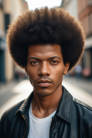 Close up of a portrait of a black man on the streetの素材