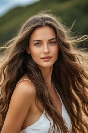 Close up of a woman with long hair outdoorsの素材