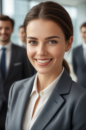 Smiling businesswoman and team in officeの素材