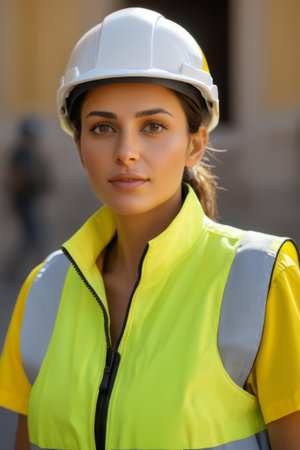 Women wearing hard hats and reflective vestsの素材