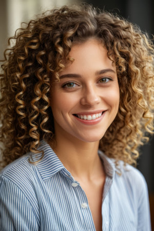 Close up portrait of a smiling curly haired womanの素材
