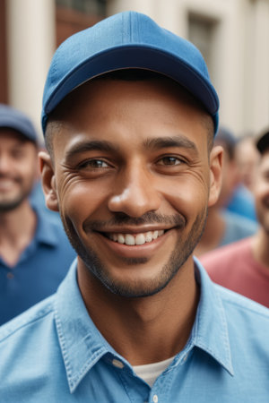 Close up of a smiling man wearing a blue hatの素材
