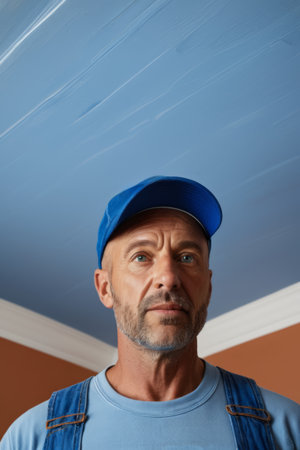 Workers paint the ceiling indoorsの素材