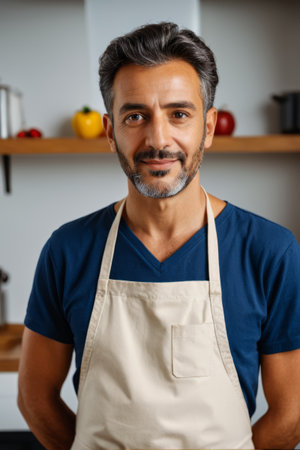 Smiling man in apron in kitchenの素材