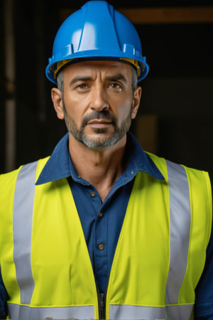 Workers wearing reflective vests and hard hatsの素材