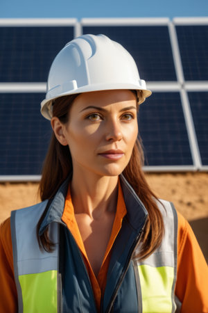 Female workers wearing hard hats at solar farmsの素材