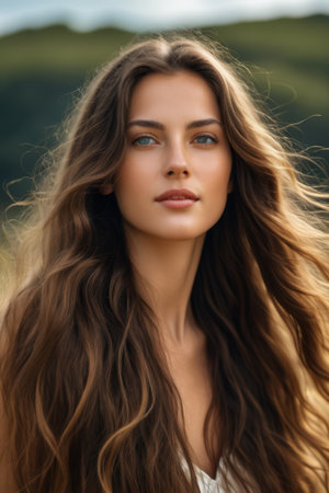 Close up of a long haired woman's outdoor natural faceの素材