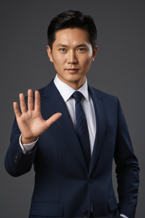 Man in suit makes stop gestureの素材