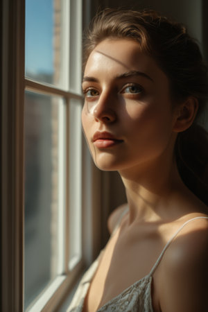 Close up portrait of a woman by the windowの素材