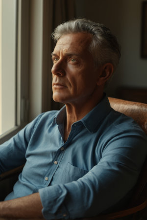 Mature man sitting quietly by the windowの素材