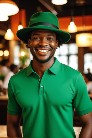 Smiling African American man in green and hatの素材