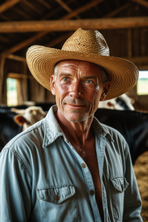 Farm man wearing a straw hat in a barnの素材