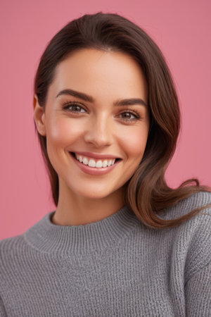 Smiling female with pink background portraitの素材