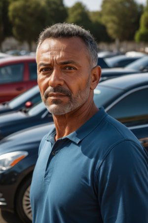 Middle aged man standing in parking lotの素材