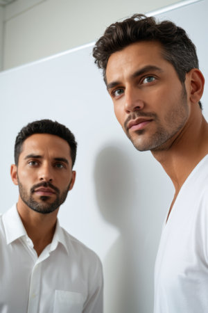 Portrait Close up of two menの素材