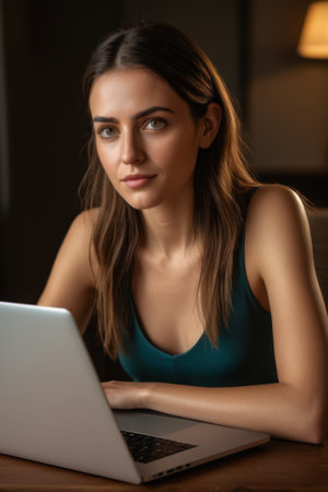 Young women using laptop computer sceneの素材