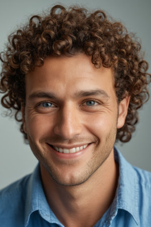 Portrait of smiling curly haired young manの素材
