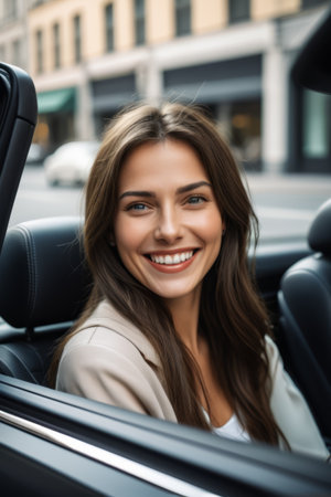 Close up of the smiling woman in the carの素材