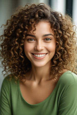 Close up of a smiling curly haired womanの素材