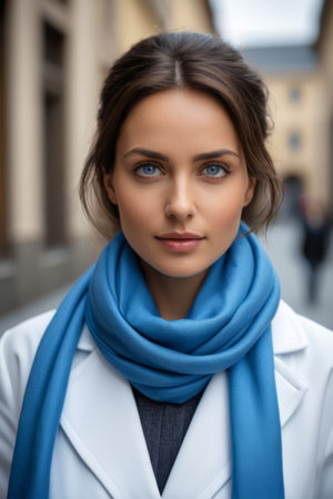 Outdoor portrait of a woman in a blue scarfの素材