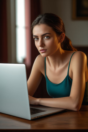Young woman concentrating on laptopの素材