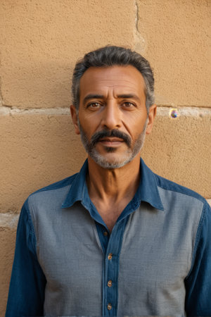 Front portrait of a man in a denim shirtの素材