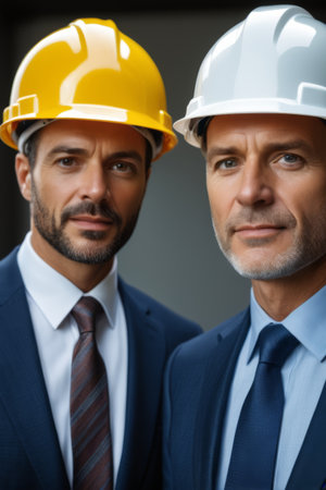 Portrait of a business person wearing a hard hatの素材