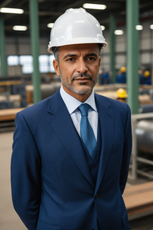 Man in suit and hard hat in factoryの素材