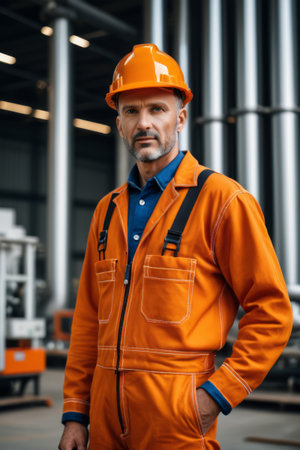 Workers in orange workwear at the factoryの素材