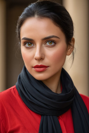 Portrait of a woman wearing a scarf and redの素材
