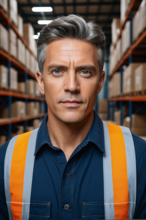 Close up of the warehouse worker's frontの素材