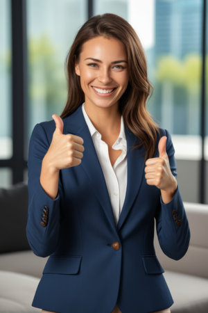 Professional women give thumbs up in business situationsの素材
