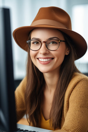 Smiling women wearing hats working indoorsの素材