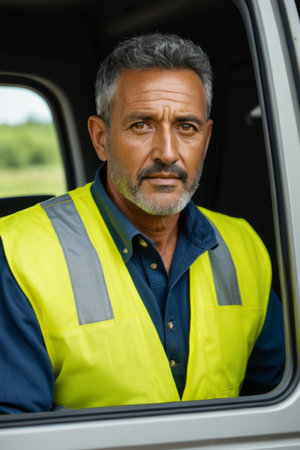 Man wearing reflective vest sitting in carの素材