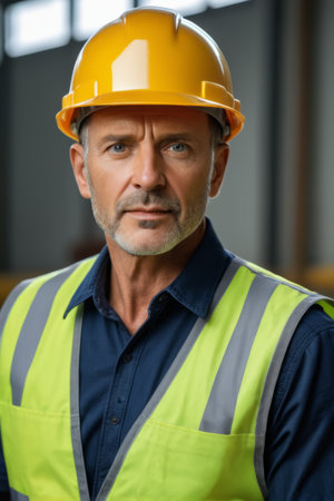 Workers wearing hard hats and reflective vestsの素材