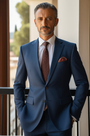 Mature men in suits standing on the balconyの素材