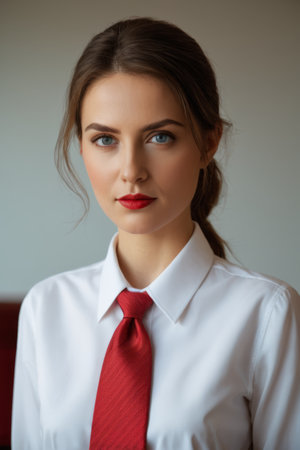 Working women wearing white shirts and red tiesの素材