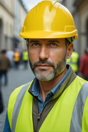 Workers wearing hard hats and reflective vestsの素材
